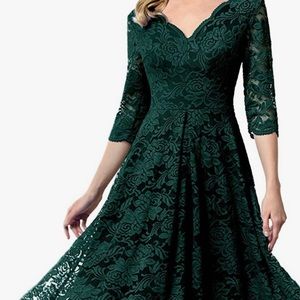 Women's Vintage Floral Lace Bridesmaid Dress 3/4 Sleeve Wedding Party Midi Dress